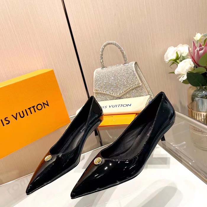 Louis Vuitton Women LV Blossom Pump Black Patent Lambskin Leather Outsole Low Heel