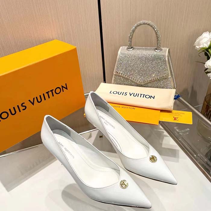 Louis Vuitton Women LV Blossom Pump White Patent Lambskin Leather Outsole 7.5 CM Heel