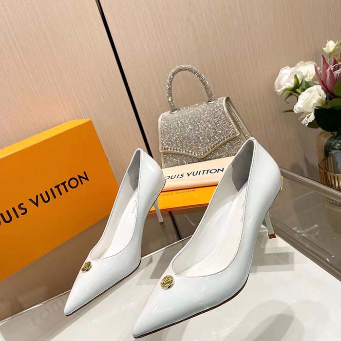Louis Vuitton Women LV Blossom Pump White Patent Lambskin Leather Outsole 7.5 CM Heel