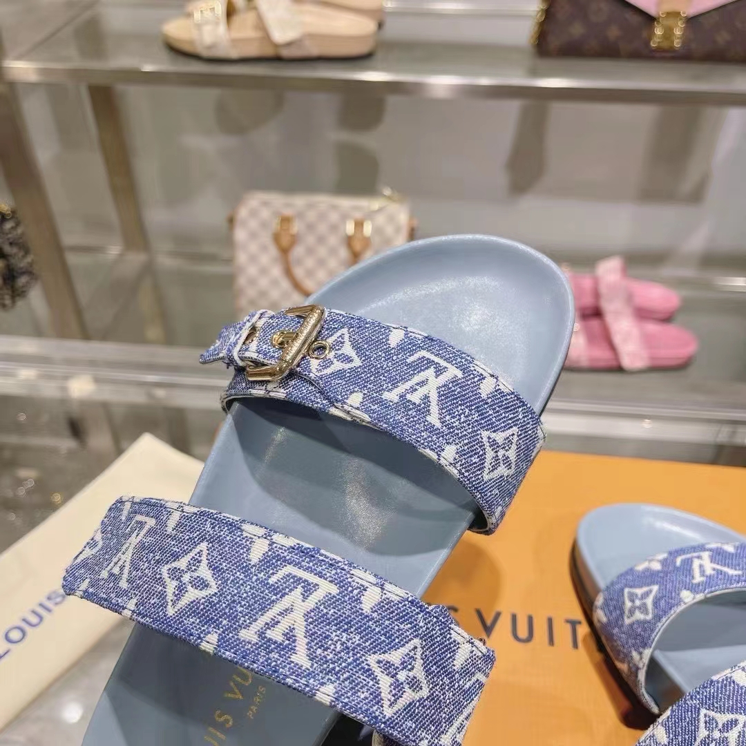 Louis Vuitton Women LV Bom Dia Flat Comfort Mule Blue Monogram Denim 1AC9QL