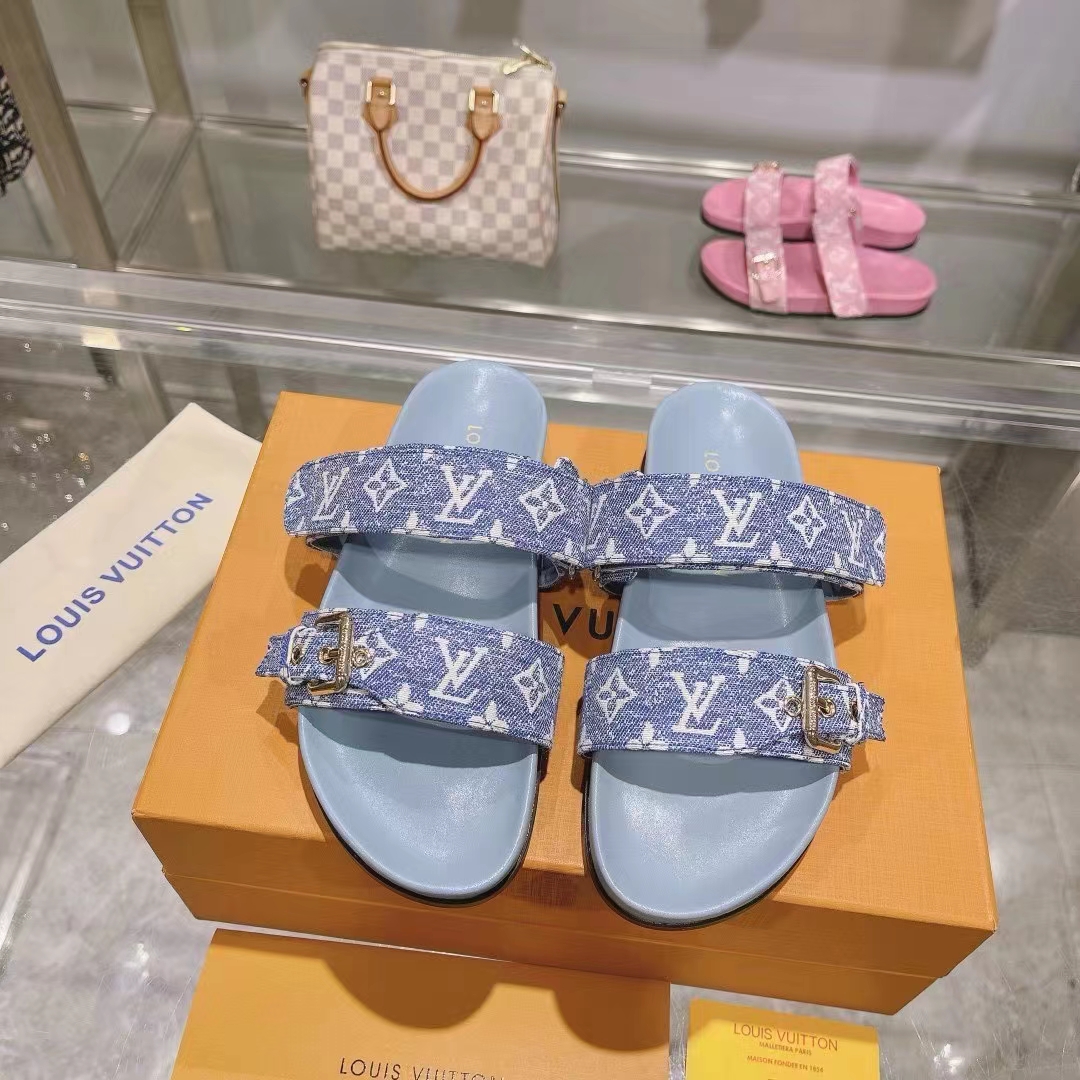 Louis Vuitton Women LV Bom Dia Flat Comfort Mule Blue Monogram Denim 1AC9QL