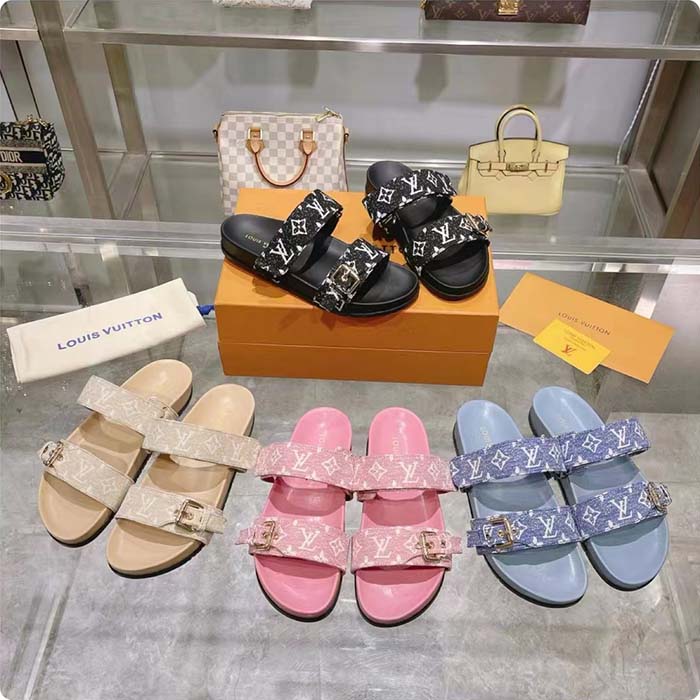 Louis Vuitton Women LV Bom Dia Flat Comfort Mule Beige Patent Monogram Canvas 1ACHYI