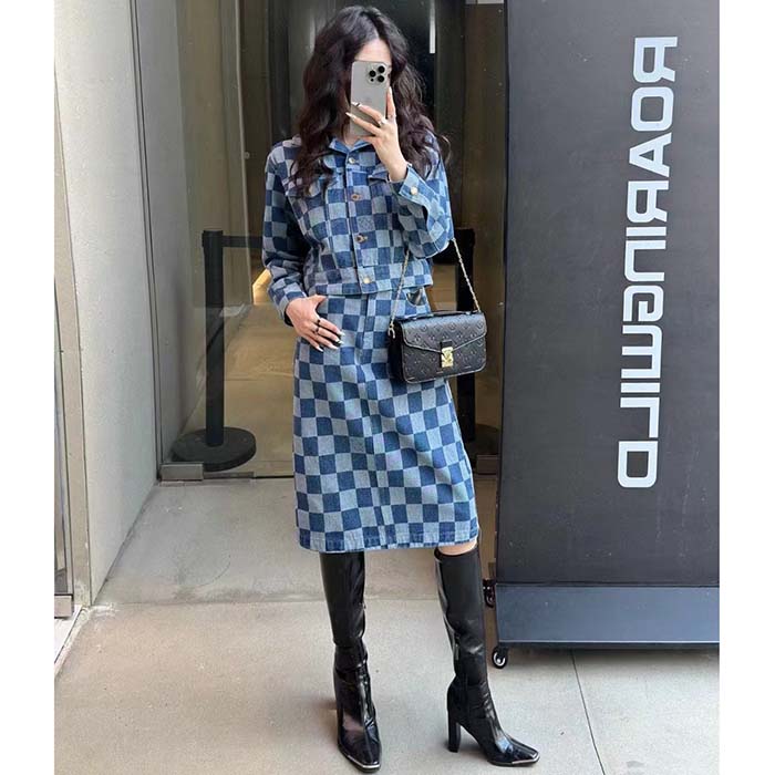 Louis Vuitton Women LV Damier Denim Jacket Cotton Blue Regular Fit 1AFGDH