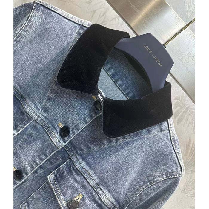 Louis Vuitton Men LV Velvet Accent Denim Jacket Cotton Blue Regular Fit 1AFEPJ
