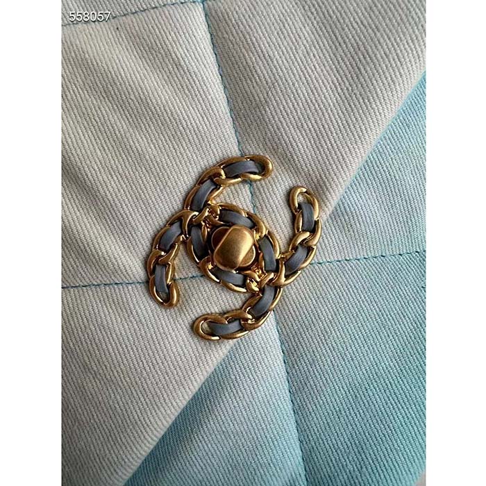 Chanel Women CC 19 Large Handbag Denim Gold Silver Tone Blue