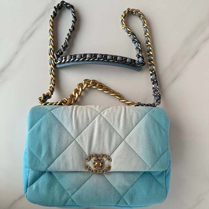 Chanel Women CC 19 Large Handbag Denim Gold Silver Tone Blue