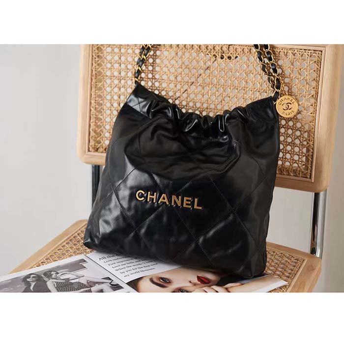 Chanel Women CC 22 Handbag Shiny Calfskin Gold-Tone Metal Black
