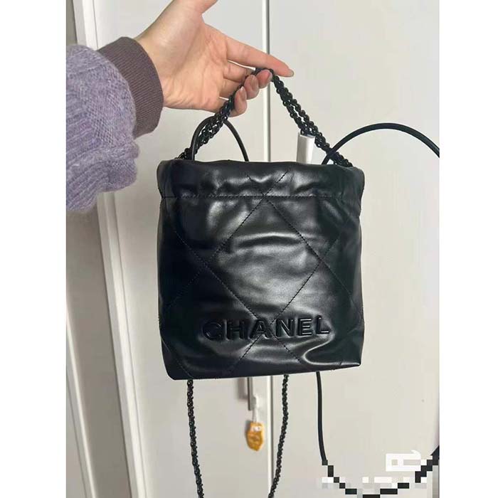 Chanel Women CC 22 Mini Handbag Shiny Calfskin Black Metal Black