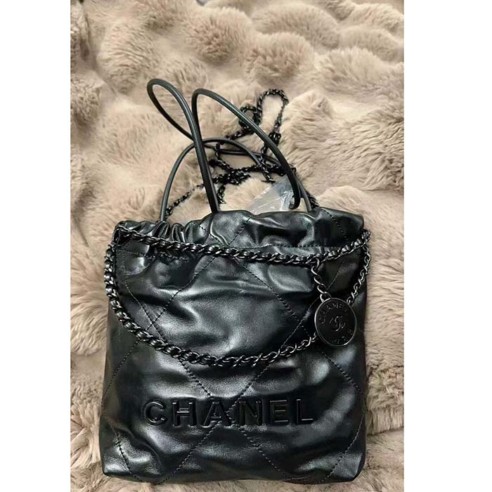 Chanel Women CC 22 Mini Handbag Shiny Calfskin Black Metal Black