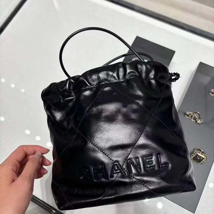 Chanel Women CC 22 Mini Handbag Shiny Calfskin Black Metal Black