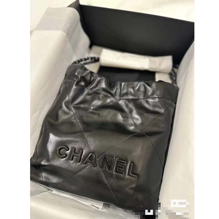 Chanel Women CC 22 Mini Handbag Shiny Calfskin Black Metal Black