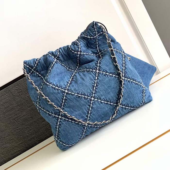Chanel Women CC 22 Mini Handbag Stitched Denim Silver Metal Blue
