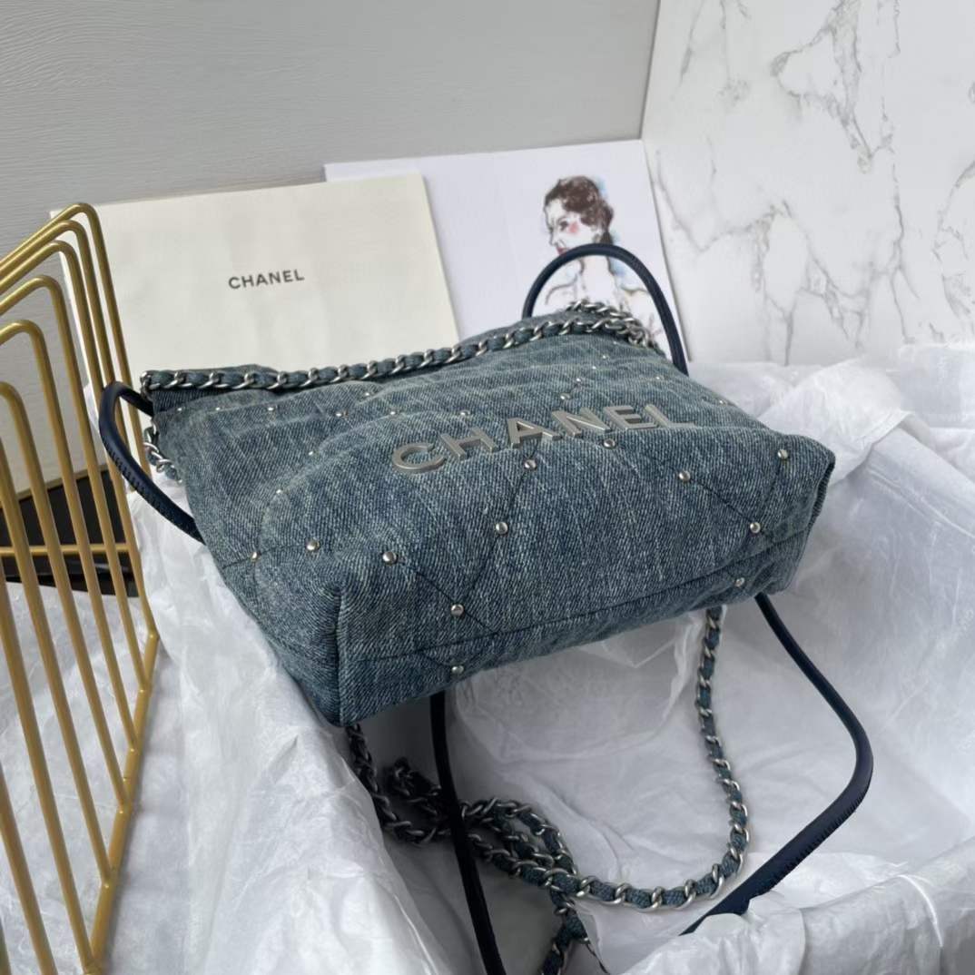 Chanel Women CC 22 Mini Handbag Washed Denim Silver-Tone Metal Blue