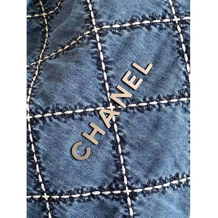 Chanel Women CC 22 Small Handbag Stitched Denim Silver Metal Blue