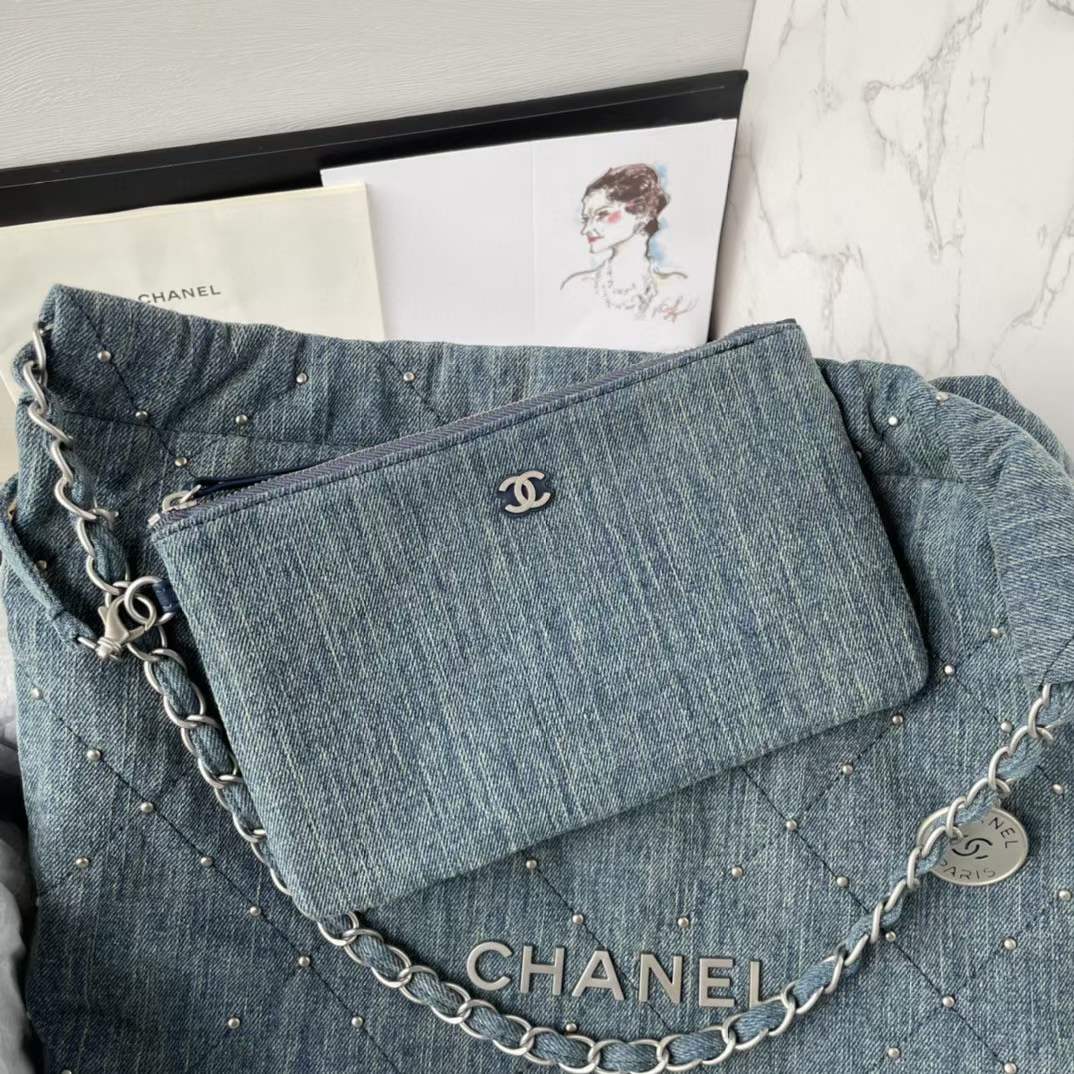 Chanel Women CC 22 Small Handbag Washed Denim Silver-Tone Metal Blue