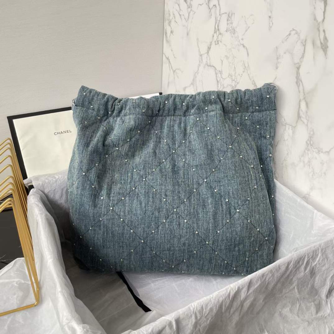 Chanel Women CC 22 Small Handbag Washed Denim Silver-Tone Metal Blue