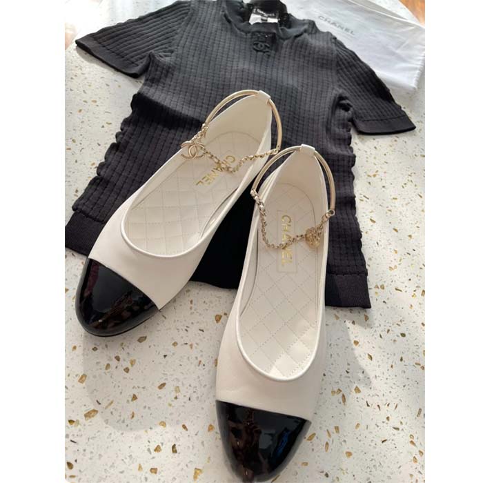 Chanel Women CC Ballerinas Lambskin Leather Flats Beige Black