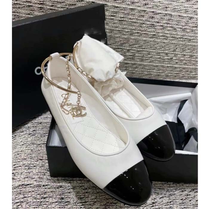 Chanel Women CC Ballerinas Lambskin Leather Flats Beige Black