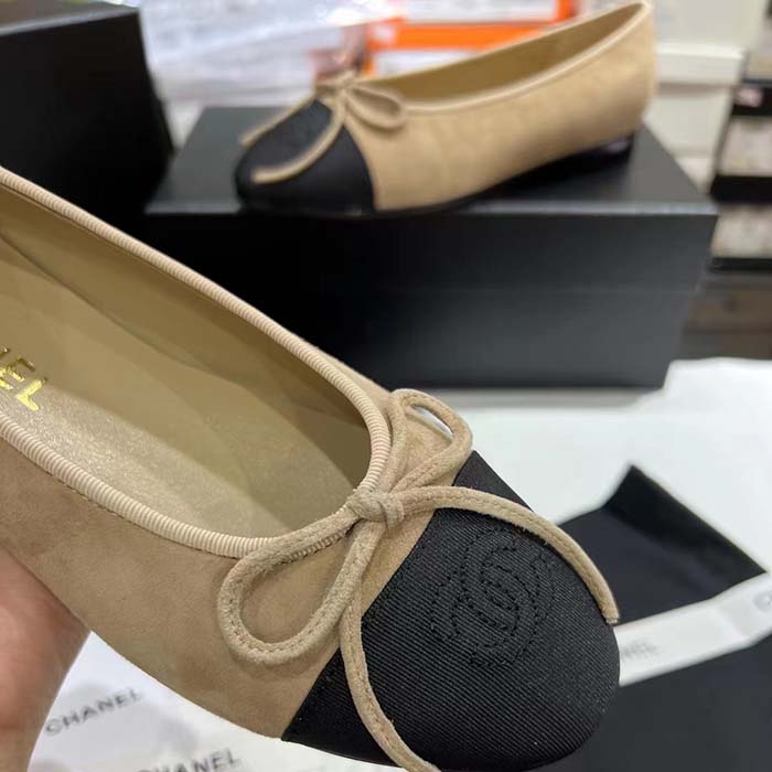 Chanel Women CC Ballet Flats Lambskin Beige Black 1 CM Heel