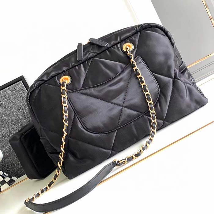 Chanel Women CC Large Bowling Bag Satin Gold-Tone Metal Black