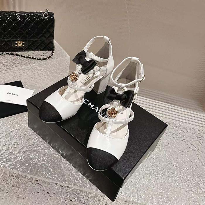 Chanel Women CC Mary Janes Lambskin Grosgrain White Black