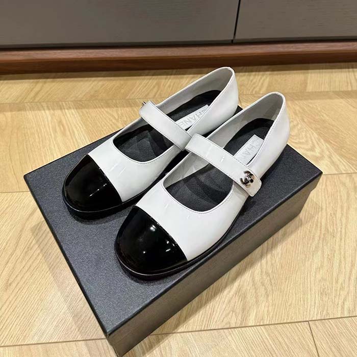 Chanel Women CC Mary Janes Patent Calfskin White Black 2 CM Heel