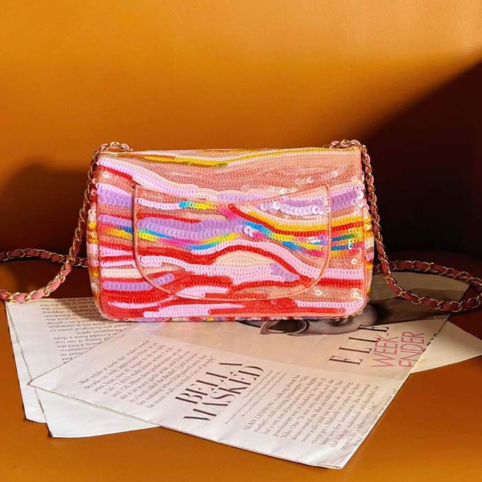 Chanel Women CC Mini Flap Bag Embroidered Satin Sequins Pink
