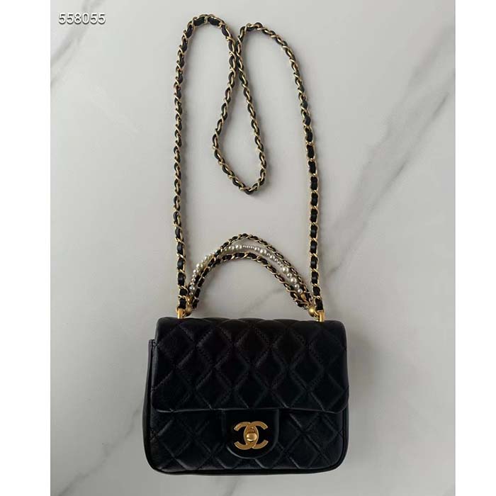 Chanel Women CC Mini Flap Bag Shiny Lambskin Imitation Pearls Black