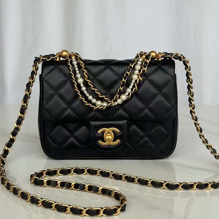 Chanel Women CC Mini Flap Bag Shiny Lambskin Imitation Pearls Black