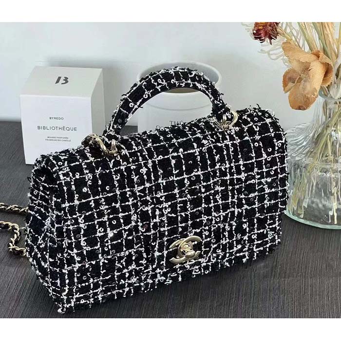 Chanel Women CC Mini Flap Bag Top Handle Sequin Tweed Black