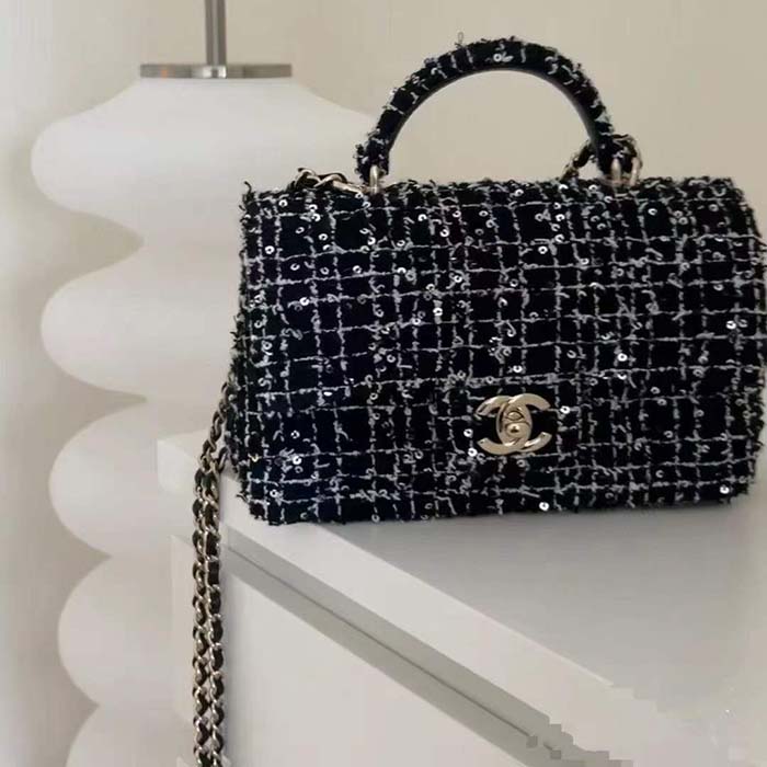 Chanel Women CC Mini Flap Bag Top Handle Sequin Tweed Black