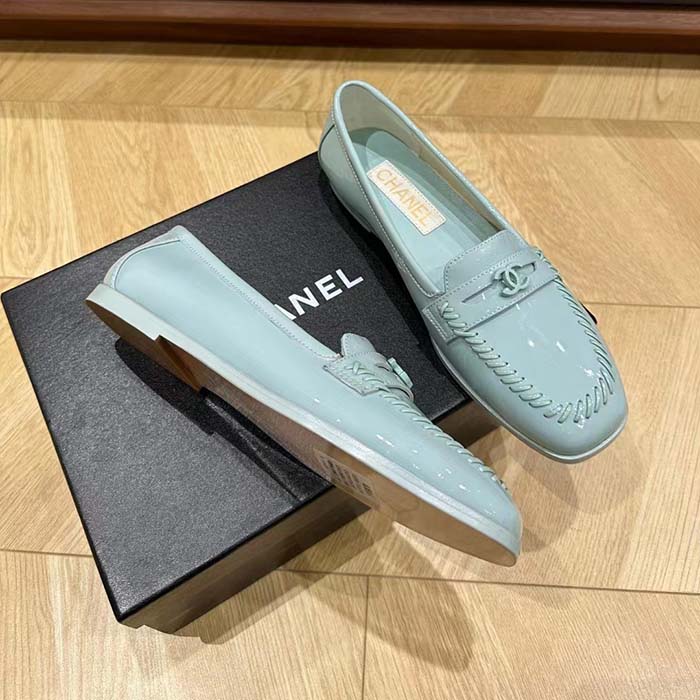 Chanel Women CC Moccasins Patent Calfskin Light Blue 1 CM Heel