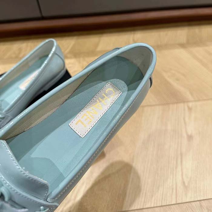 Chanel Women CC Moccasins Patent Calfskin Light Blue 1 CM Heel