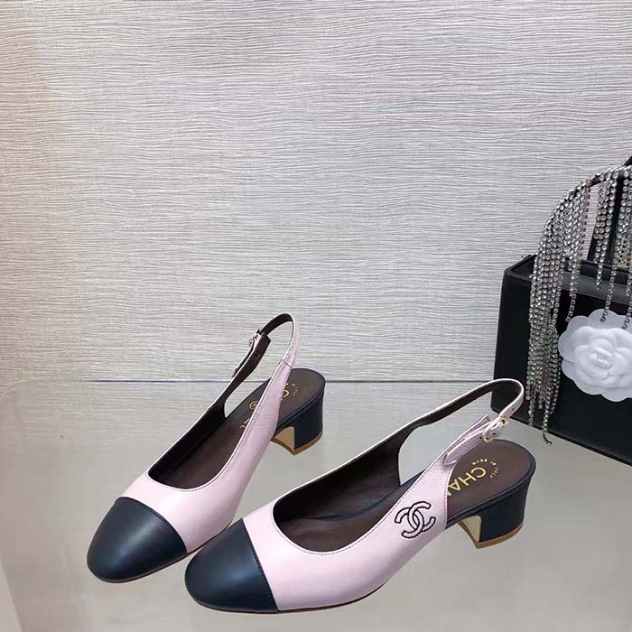 Chanel Women CC Slingbacks Calfskin Light Pink Dark Navy Blue