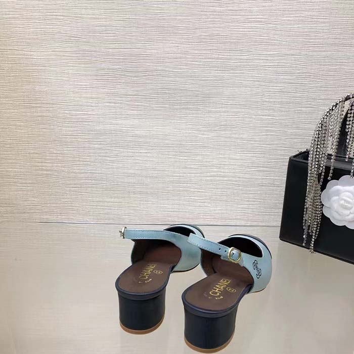Chanel Women CC Slingbacks Calfskin Turquoise Dark Navy Blue