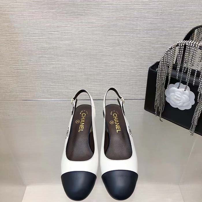 Chanel Women CC Slingbacks Calfskin White Dark Navy Blue