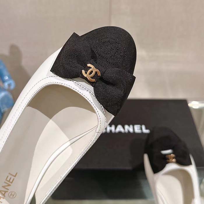 Chanel Women CC Slingbacks Lambskin Grosgrain White Black 1.5 CM Heel