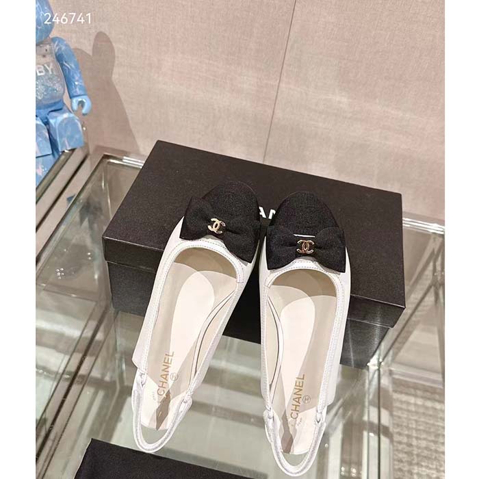 Chanel Women CC Slingbacks Lambskin Grosgrain White Black 1.5 CM Heel