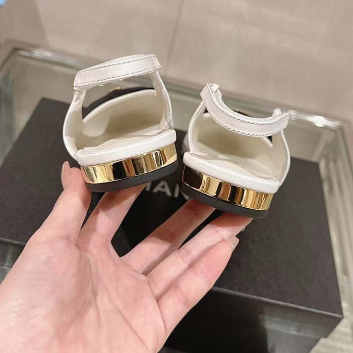 Chanel Women CC Slingbacks Lambskin Grosgrain White Black 1.5 CM Heel