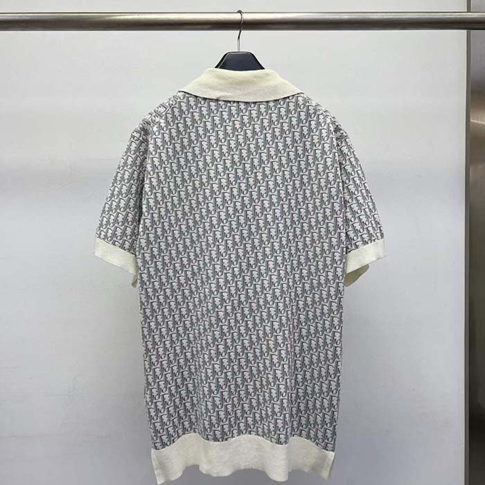 Dior CD Men Oblique Polo Shirt White Blue Brown Cotton Jacquard