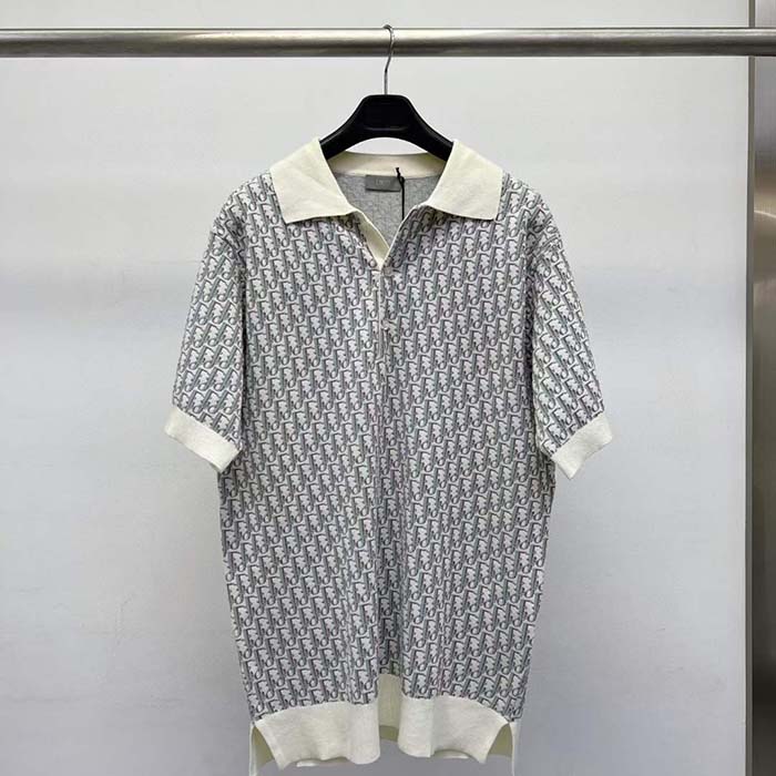 Dior CD Men Oblique Polo Shirt White Blue Brown Cotton Jacquard