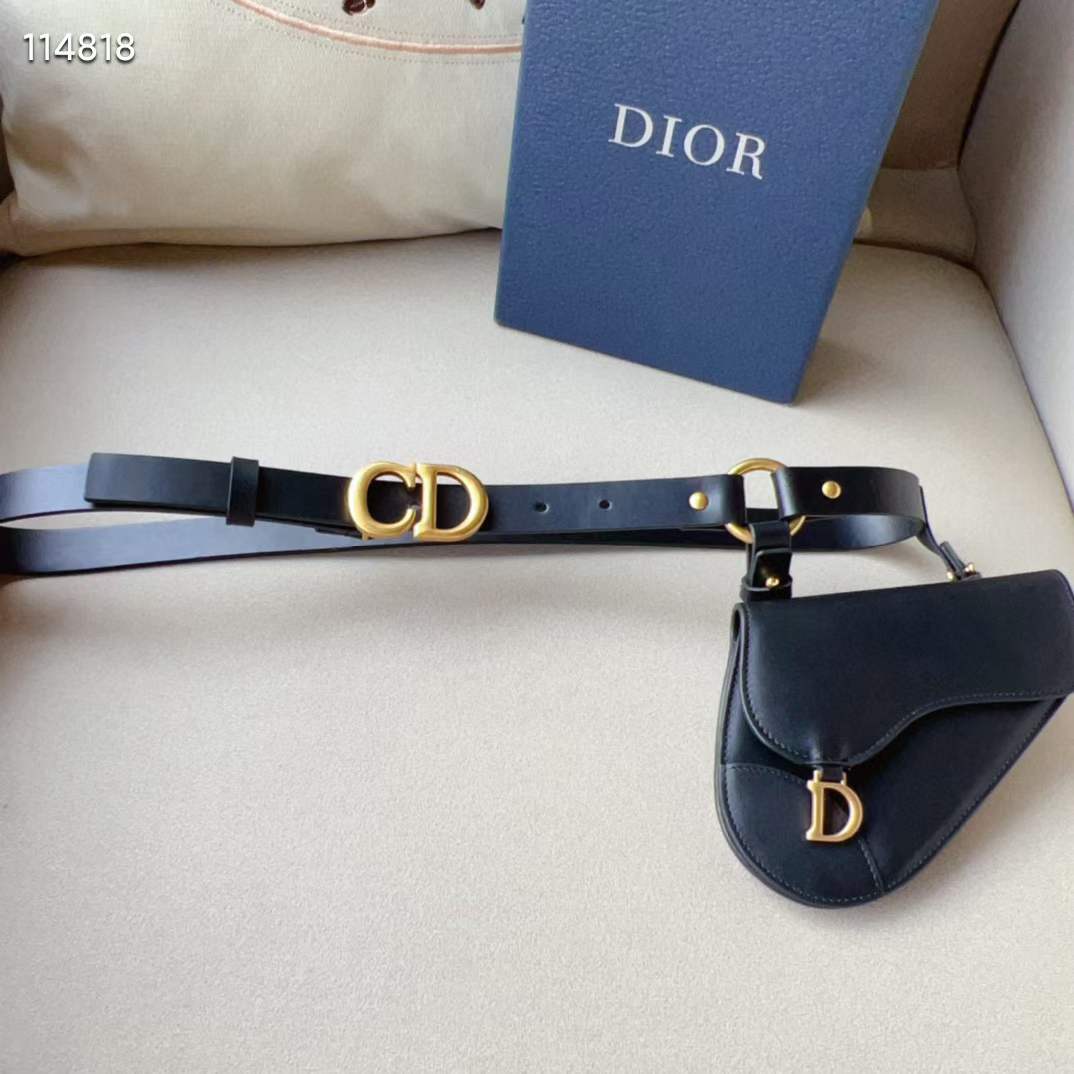 Dior CD Unisex Saddle Removable Pouch Belt Black Ultrasmooth Calfskin Goatskin