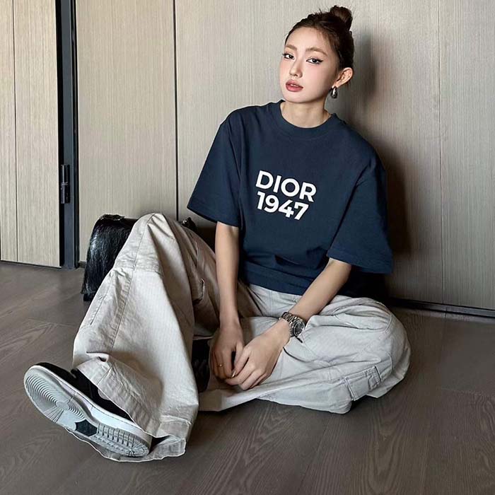 Dior CD Women Relaxed-Fit T-Shirt Navy Blue Cotton Jersey