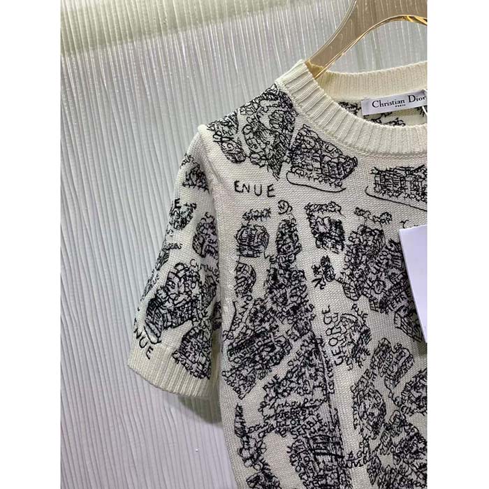 Dior CD Women Short-Sleeved Sweater White Navy Blue Cashmere Knit