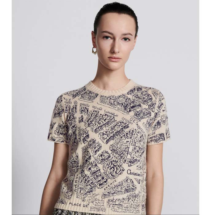 Dior CD Women Short-Sleeved Sweater White Navy Blue Cashmere Knit