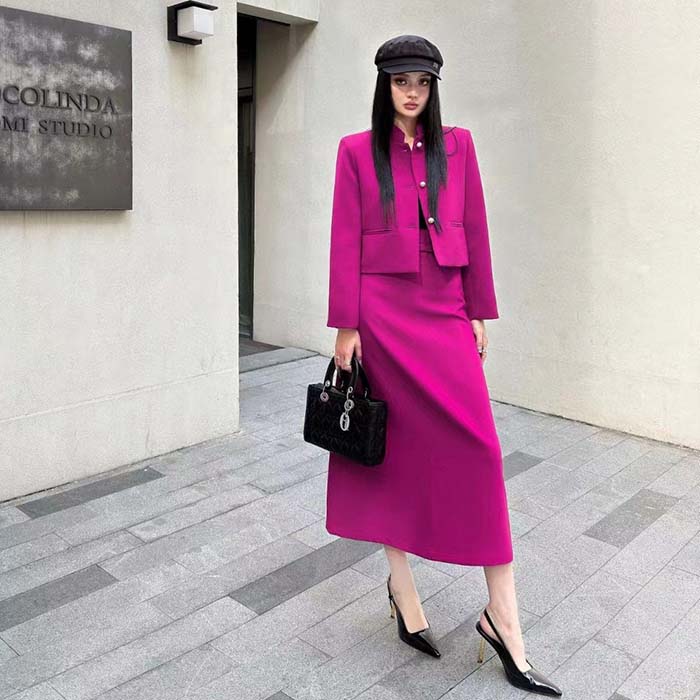 Dior Women CD Cropped Jacket Mulberry Wool Silk Long Sleeves