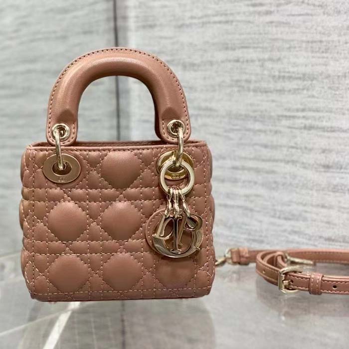 Dior Women CD Lady Dior Micro Bag Rose Des Vents Cannage Lambskin