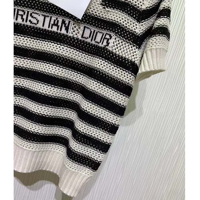 Dior Women CD Marinière Short-Sleeved Sweater White Blue Openwork Cotton