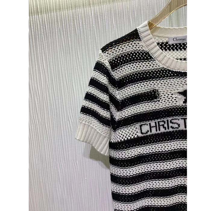 Dior Women CD Marinière Short-Sleeved Sweater White Blue Openwork Cotton