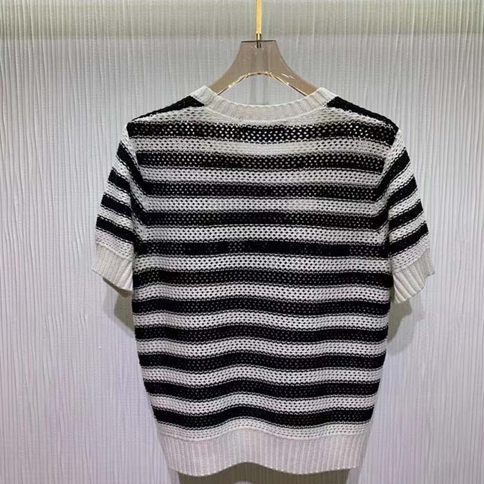 Dior Women CD Marinière Short-Sleeved Sweater White Blue Openwork Cotton
